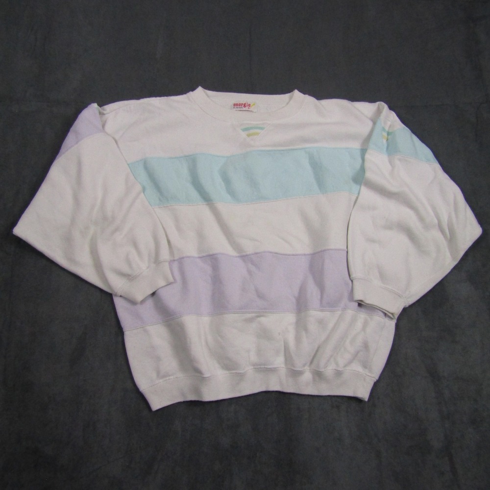 Energie Sweatshirt Mens L White Pastel Striped Vintage Crewneck Pullover 00501